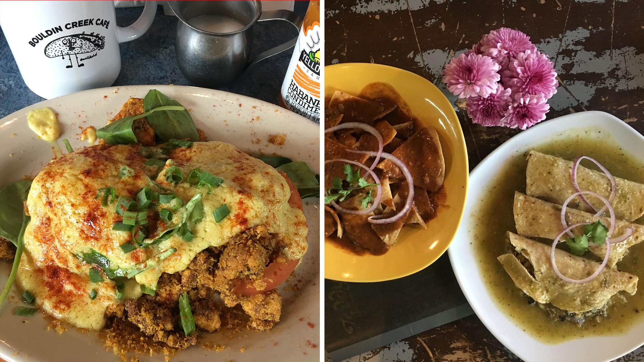 Left: Breakfast in Austin, Texas | Right: Chilaquiles verdes in Mexico City