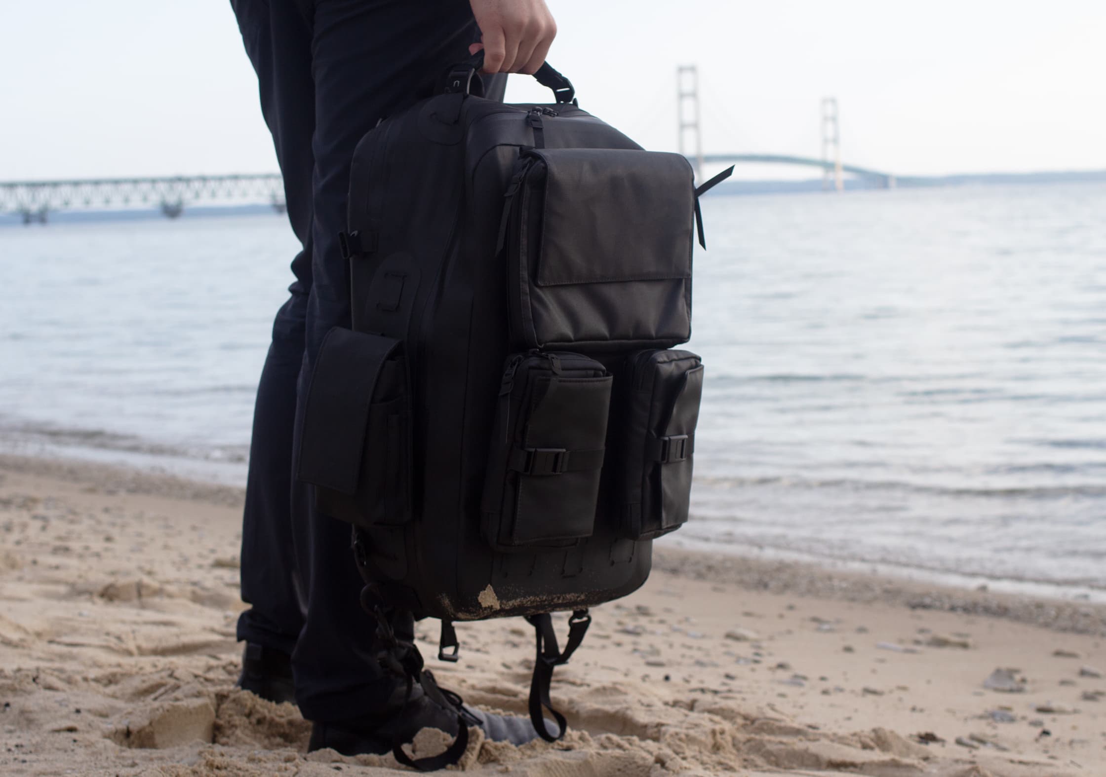 Black Ember Citadel Modular Backpack at Lake Michigan