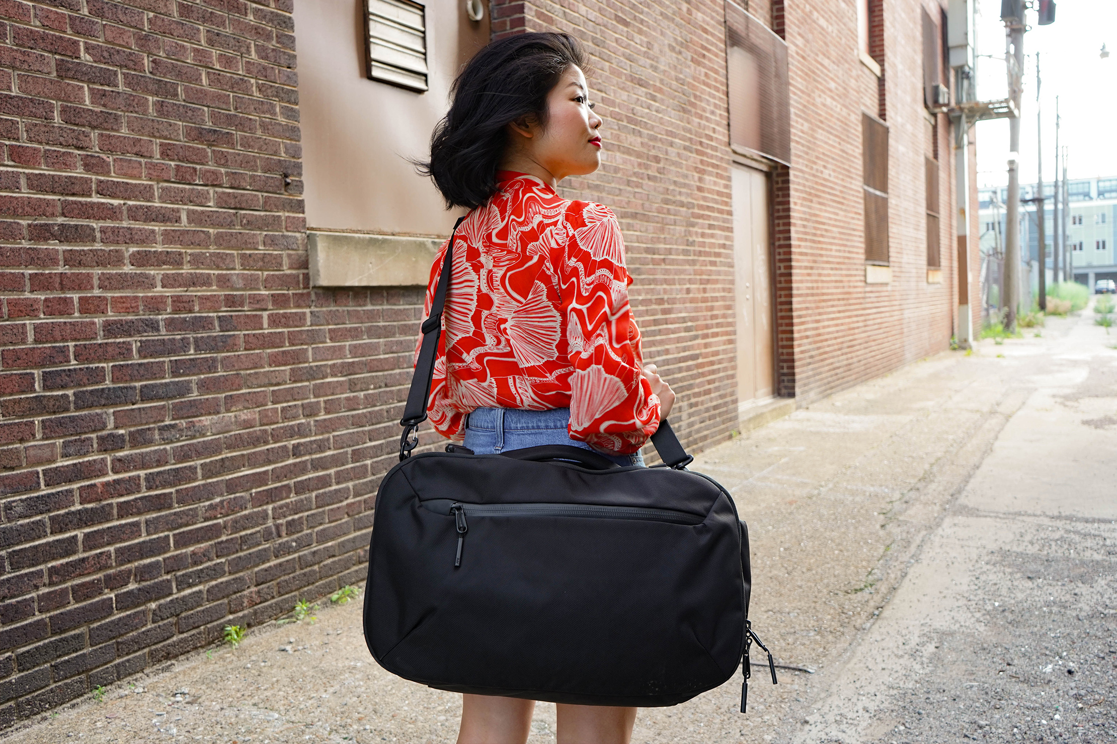 Wearing The Aer Travel Duffel Crossbody