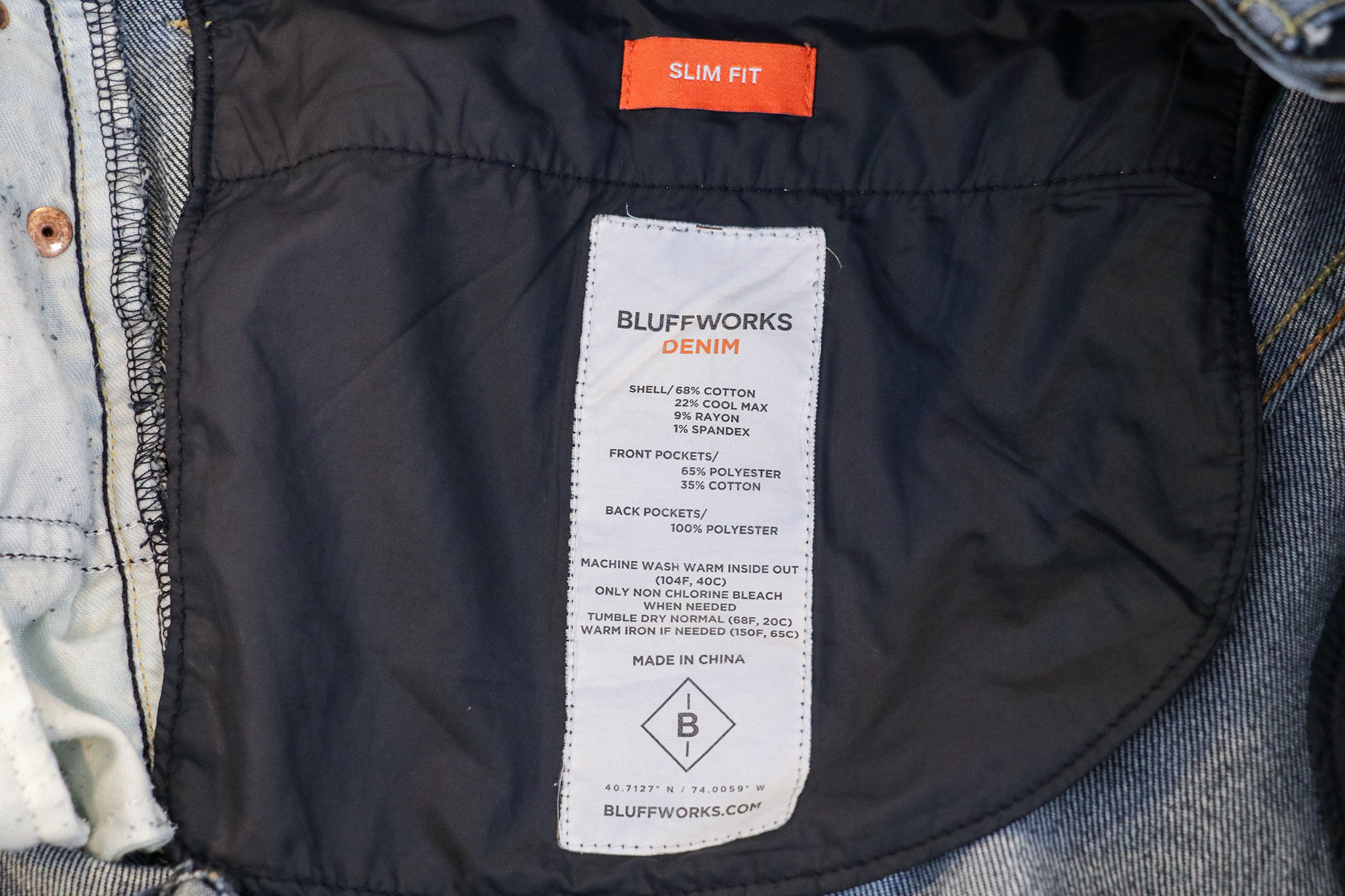 Bluffworks Departure Travel Jeans Interior Tag