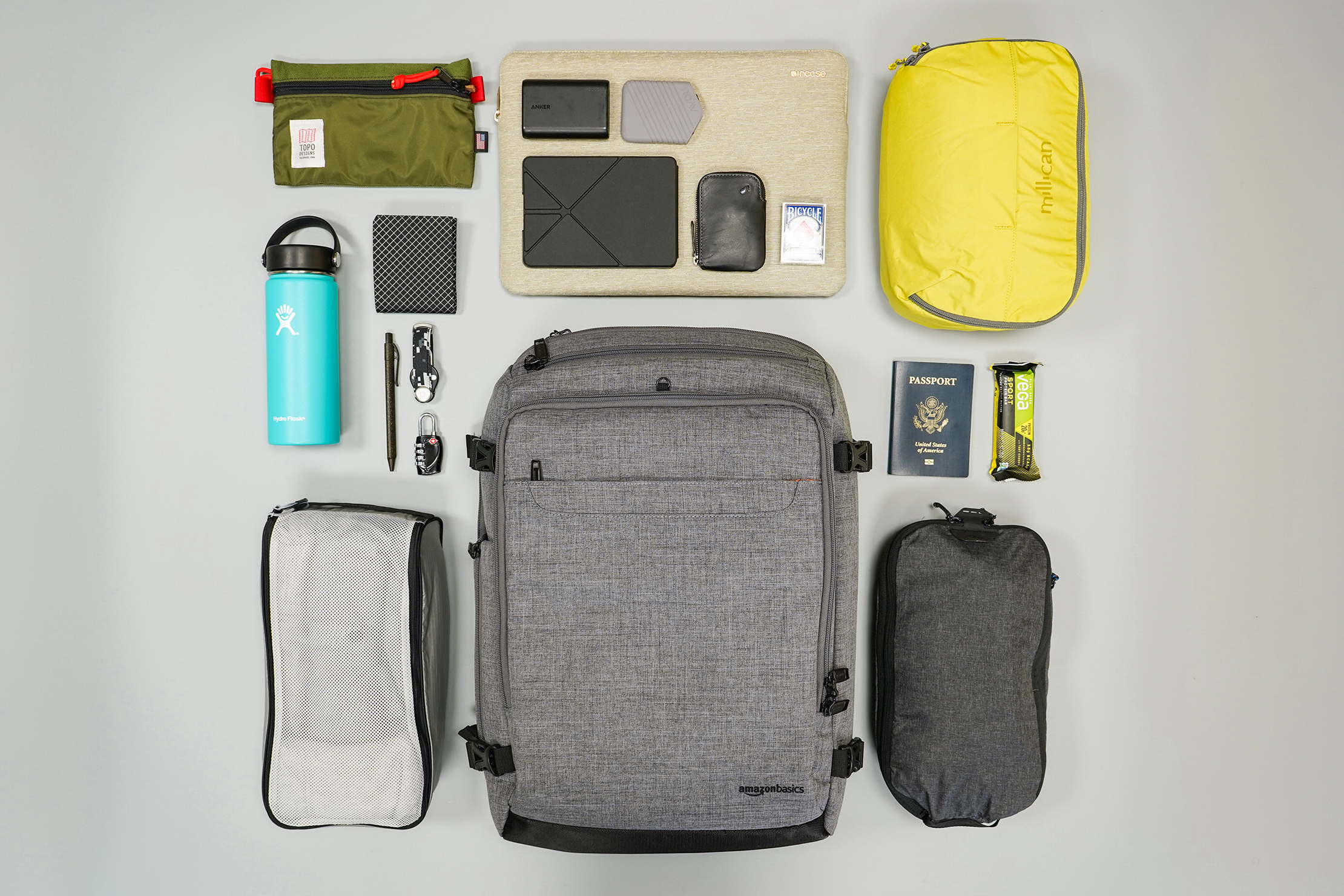 AmazonBasics Slim Travel Backpack Weekender Flat Lay