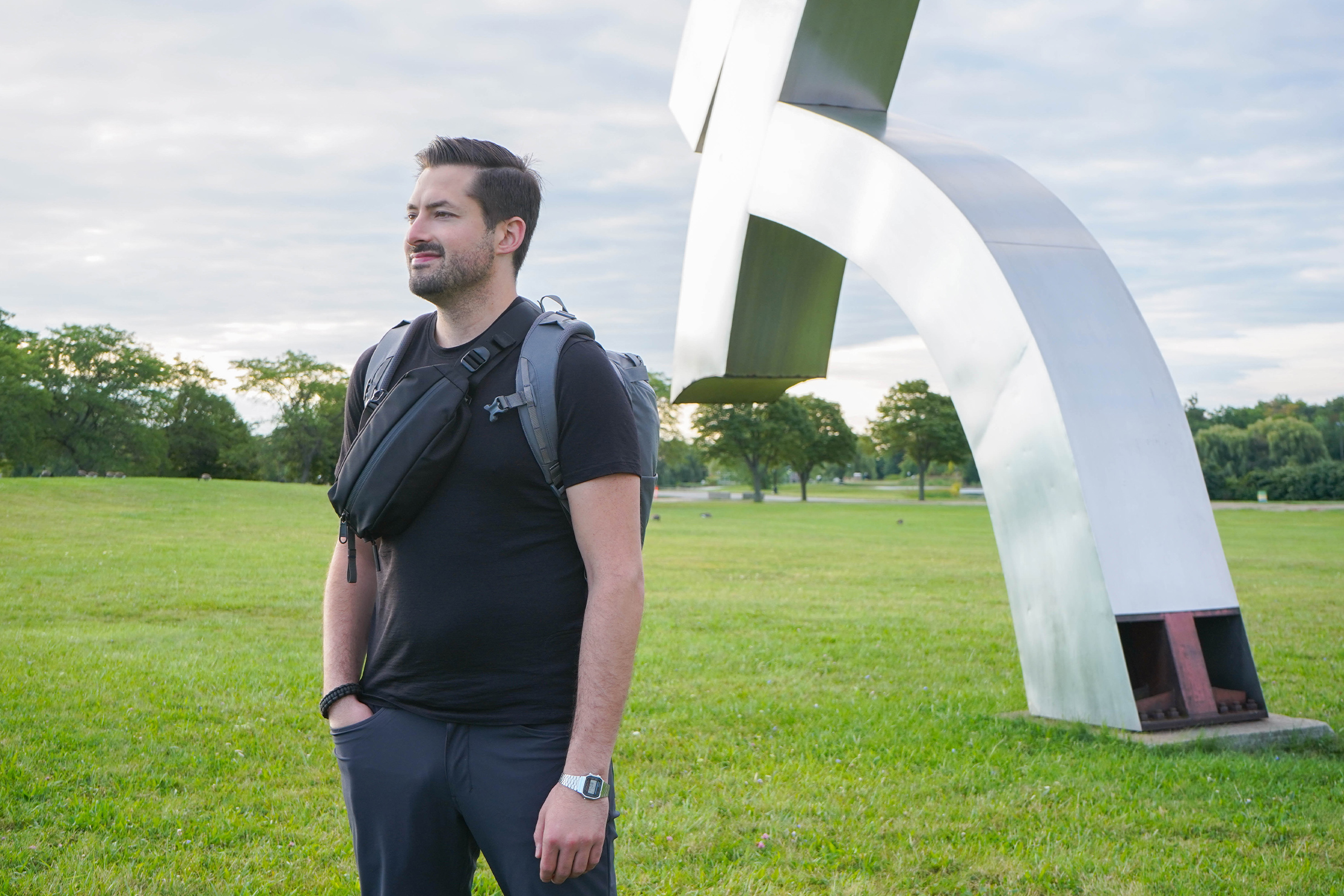 Aer City Sling Buckle Worn With A Backpack