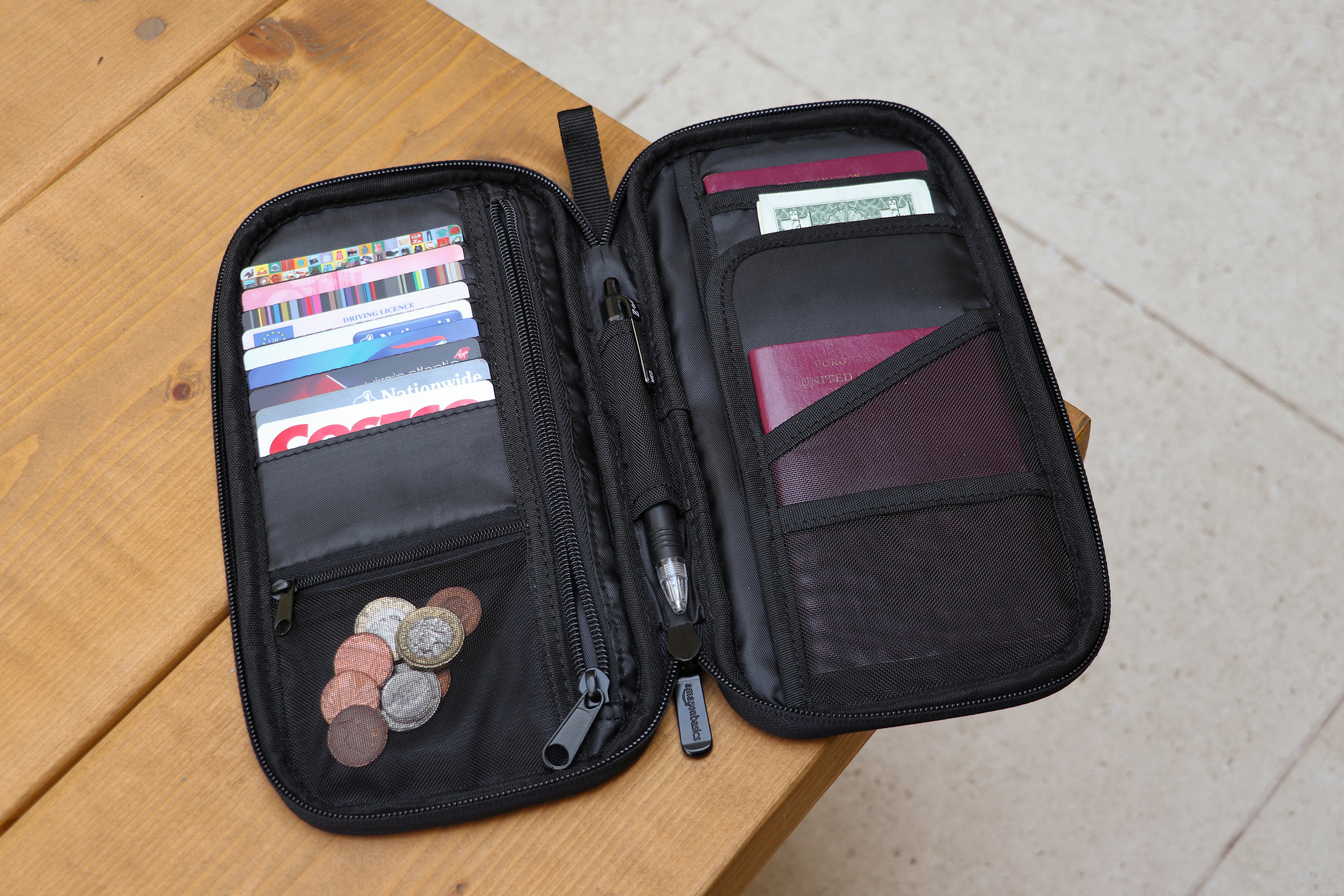 AmazonBasics RFID Travel Passport Wallet On A Coffee Table