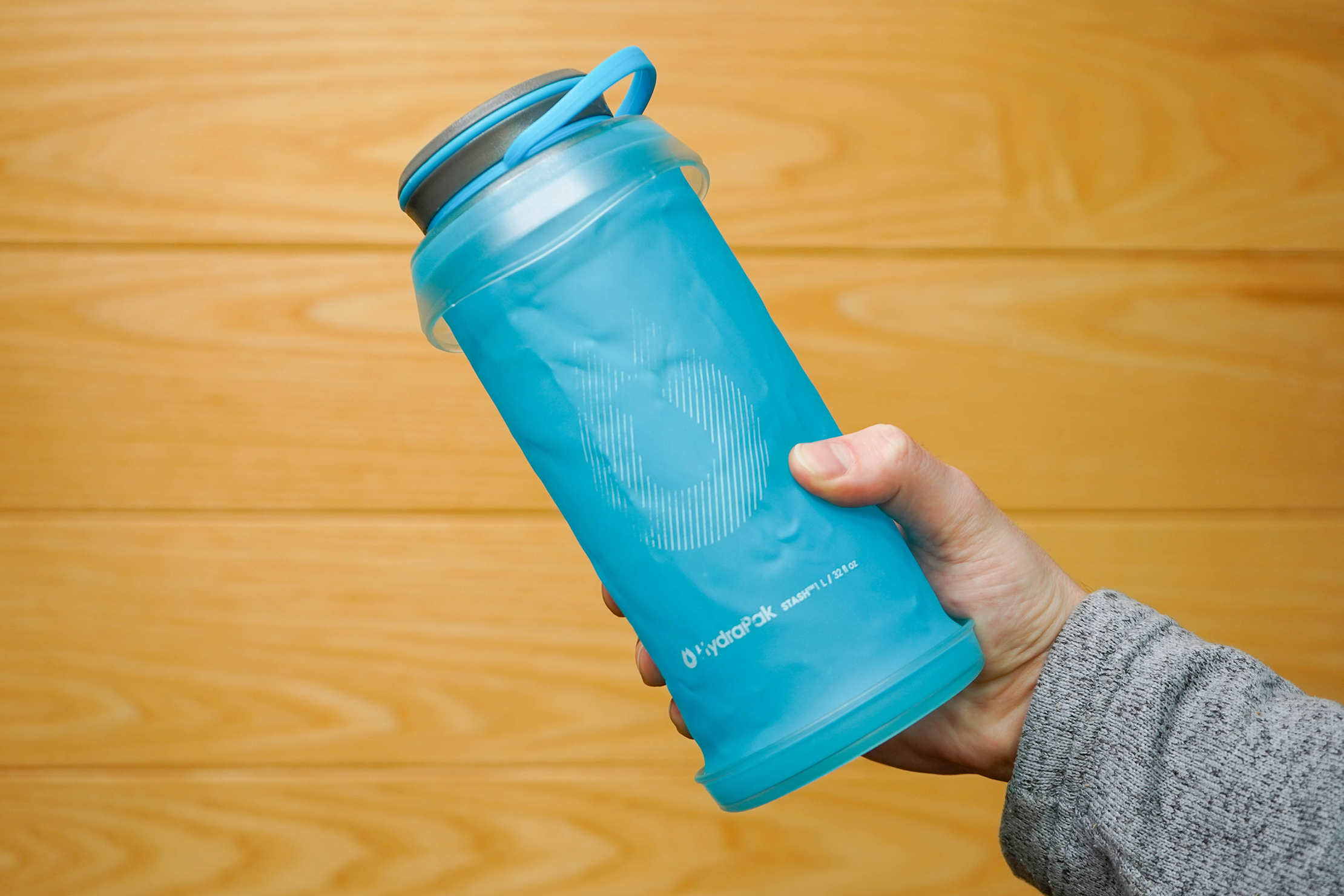 Hydrapak Stash 1L Collapsible Water Bottle Expanded In Hand