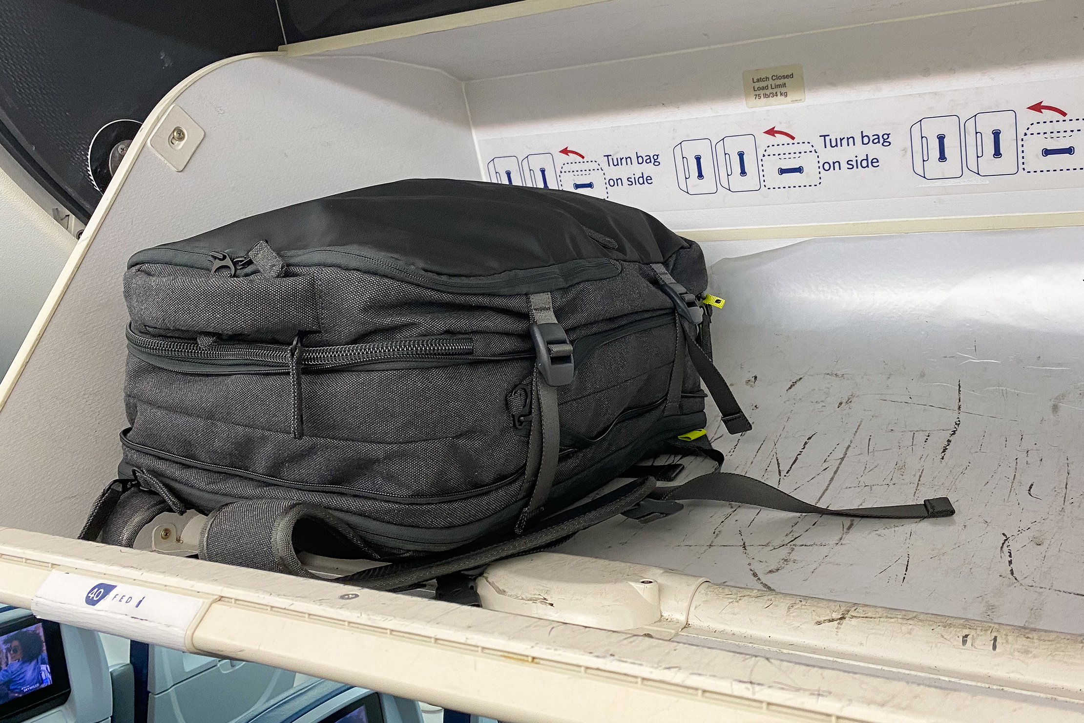 Incase EO Travel Backpack In The Overhead Bin On An Airplane
