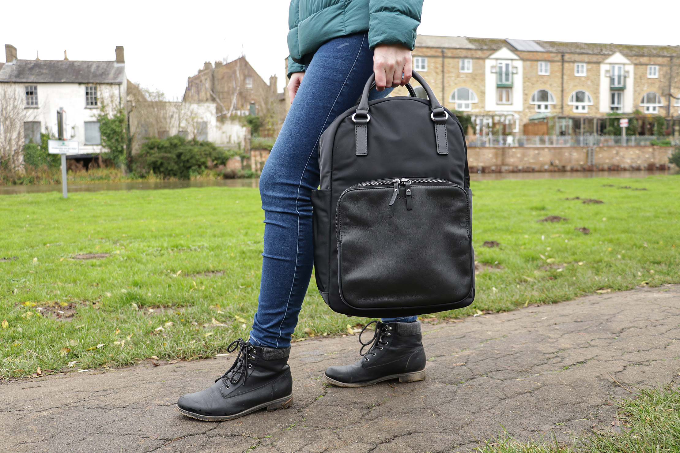 Lo & Sons: The Rowledge - Women's Nylon Laptop Backpack in Black/Gold/Grey (Small)