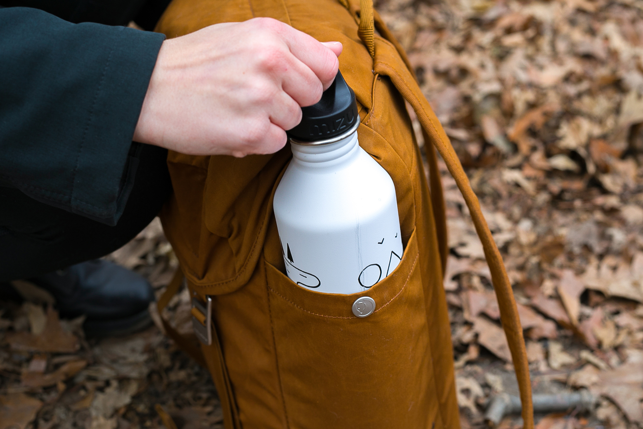 Fjallraven Greenland Top Backpack | Water Bottle Pocket Showing Scratches on Bottle