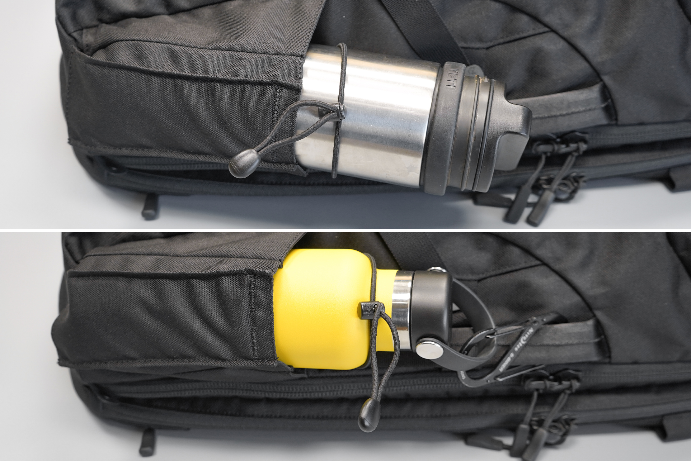 Minaal Carry-On 3.0 | The bungee cord isn't up to the task, but a carabiner is