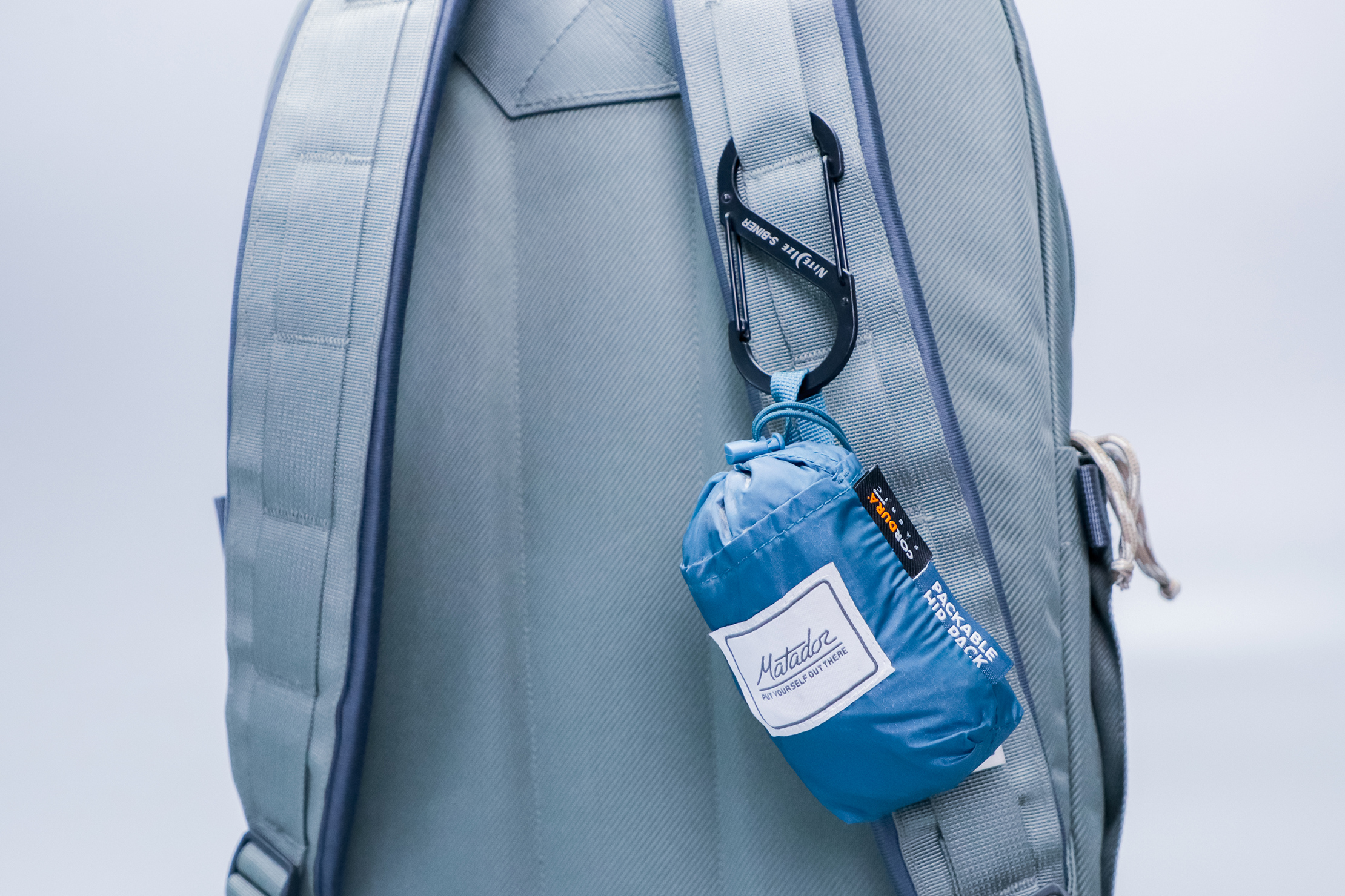 The North Face Daypack clipped to strap