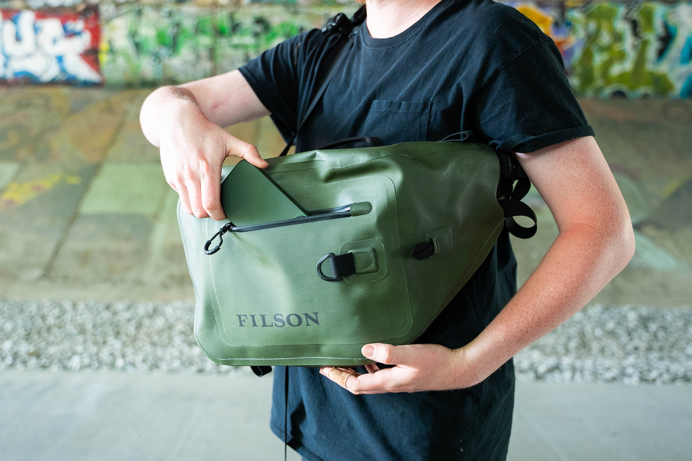 Filson Dry Sling Pack In Use 2