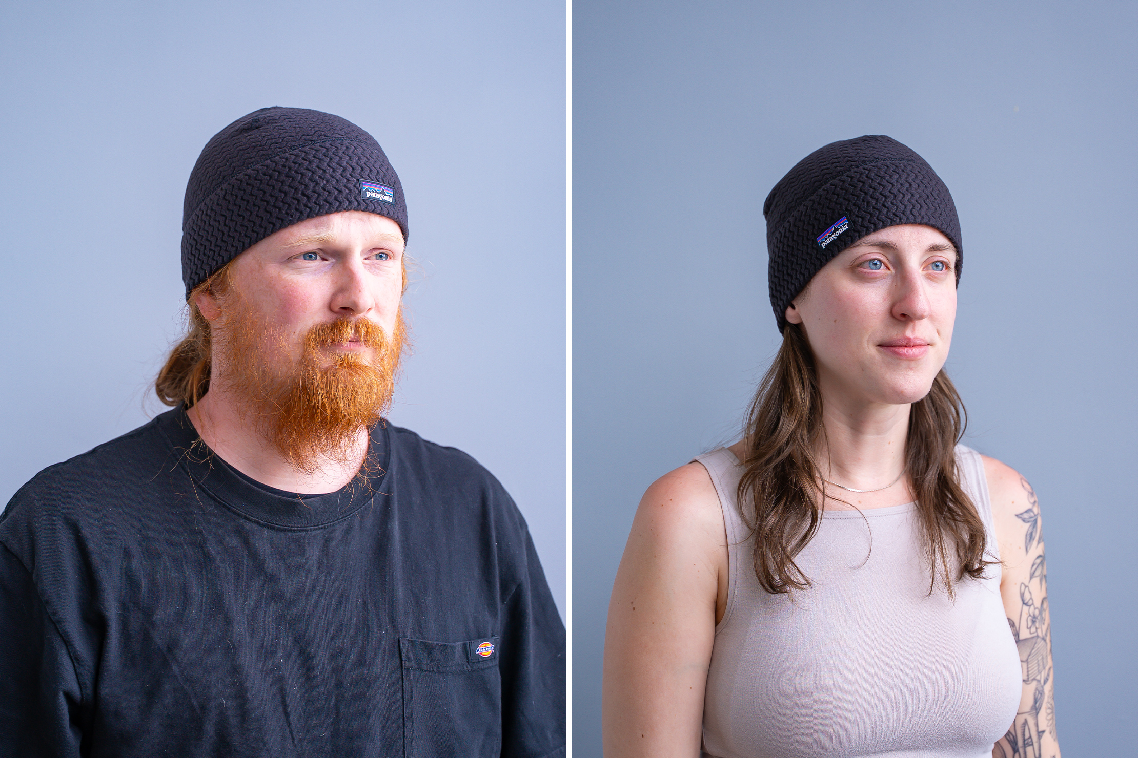 Patagonia R1 Air Beanie on a masculine and feminine head size