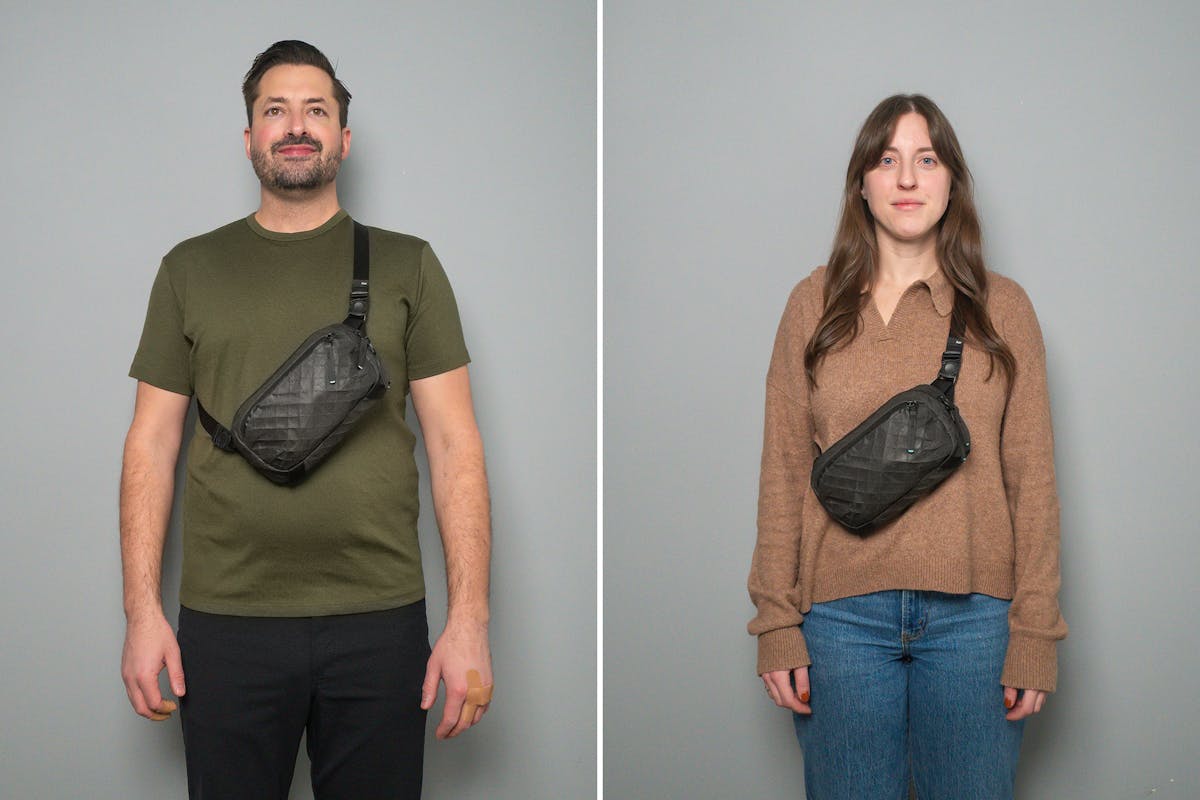 Pack Hacker x Aer Ultra Sling on a feminine and masculine frame